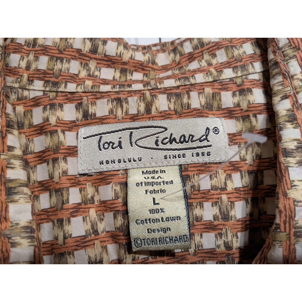 Vtg Tori Richard Shirt Men L Brown Geometric Cotton Lawn Hawaiian Aloha Camp EUC - Picture 9 of 14